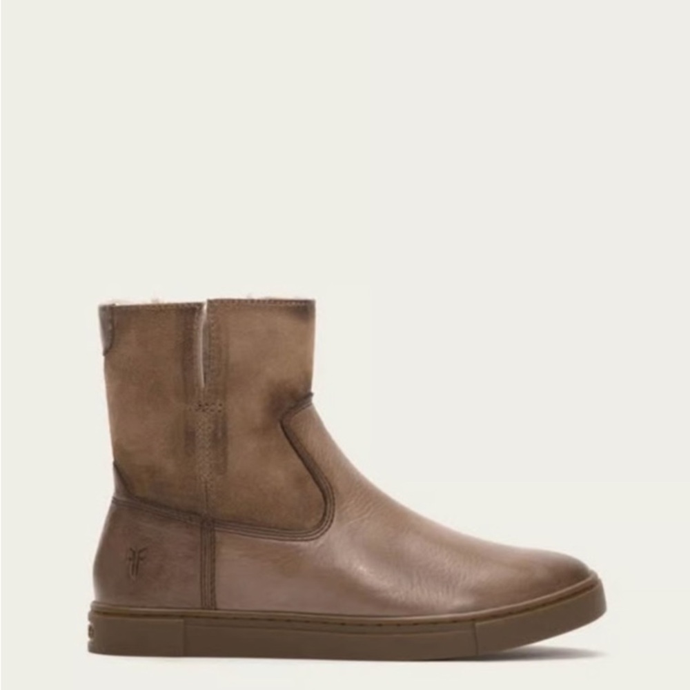 FRYE Gemma Short Shearling Leather and Suede Taupe Grey Brown Boots 8
